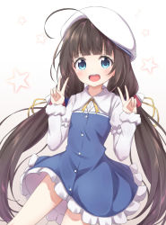 Rule 34 | 10s, 1girl, :d, ahoge, akira (been0328), bad id, bad pixiv id, beret, blue dress, blue eyes, blunt bangs, blush, brown hair, commentary request, double v, dress, frilled dress, frills, hair ribbon, hat, highres, hinatsuru ai, layered sleeves, long hair, long sleeves, looking at viewer, low twintails, open mouth, puffy short sleeves, puffy sleeves, ribbon, ryuuou no oshigoto!, school uniform, short over long sleeves, short sleeves, smile, solo, star (symbol), starry background, teeth, twintails, upper teeth only, v, very long hair, white background, white hat, yellow neckwear, yellow ribbon