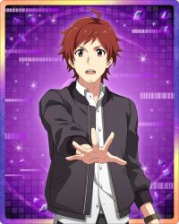 Rule 34 | 1boy, ahoge, facial hair, goatee, idolmaster, idolmaster side-m, idolmaster side-m growing stars, jacket, long sleeves, male focus, official alternate costume, official art, open clothes, open jacket, outstretched hand, palms, reaching, reaching towards viewer, red hair, teeth, tendo teru, upper teeth only, watch