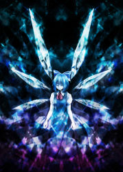 Rule 34 | 1girl, bad id, bad pixiv id, blue hair, blue theme, cirno, closed eyes, detached wings, highres, ice, ice wings, michioplas, puffy sleeves, short hair, short sleeves, smile, solo, touhou, wings