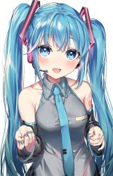 Rule 34 | 1girl, :d, bare shoulders, blue eyes, blue hair, blue nails, blue necktie, breasts, collarbone, collared shirt, detached sleeves, grey shirt, hair ornament, hatsune miku, headphones, headset, highres, holding, kirisaki shuusei, long hair, looking at viewer, medium breasts, nail polish, necktie, open mouth, shirt, sidelocks, simple background, smile, solo, string, string of fate, tie clip, twintails, vocaloid, white background