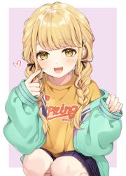 Rule 34 | 1girl, blonde hair, blush, braid, fang, feet out of frame, fingernails, fujita kotone, gakuen idolmaster, heart, highres, idolmaster, jacket, long hair, looking at viewer, open clothes, open jacket, pink background, sasakichi (ssk chi), shirt, simple background, smile, solo, squatting, twin braids, two-tone background, yellow eyes, yellow shirt