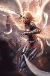 Rule 34 | 1girl, armor, bad id, bad tumblr id, blonde hair, blue eyes, boots, breasts, cleavage, cloud, floating island, highres, leotard, long hair, looking at viewer, raikoart, see-through, solo focus, sword, thigh boots, thighhighs, weapon, wings