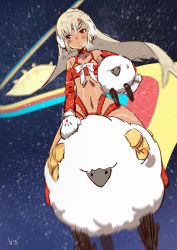 Rule 34 | 1girl, altera (fate), altera the santa (fate), bad id, bad pixiv id, bare shoulders, belt bra, blush, breath, club3, dark-skinned female, dark skin, earmuffs, fate/grand order, fate (series), highres, looking away, mittens, motion blur, parted lips, red eyes, revealing clothes, riding, sheep, short hair, signature, silver hair, sitting, sky, snow, solo, star (sky), starry sky, veil, white mittens