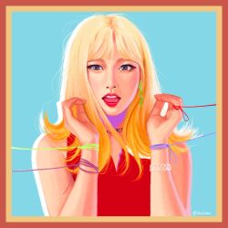 Rule 34 | 1girl, absurdres, blonde hair, blue background, brown eyes, chalseu, commentary, english commentary, highres, joy (red velvet), k-pop, looking at viewer, medium hair, open mouth, real life, red lips, red shirt, red velvet (group), shirt, sleeveless, solo, string, twitter username, upper body