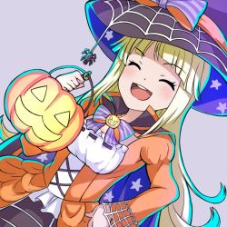 Rule 34 | 1girl, :d, ^ ^, bad id, bad pixiv id, bang dream!, blonde hair, blunt bangs, blush, bow, bowtie, bug, cape, closed eyes, cross-laced clothes, dress, dutch angle, food, grey background, halloween, halloween costume, hand on own hip, hat, hat bow, hiroki (yyqw7151), holding, holding food, holding pumpkin, holding vegetable, jack-o&#039;-lantern, long hair, long sleeves, open mouth, pumpkin, purple bow, purple bowtie, ribbon trim, simple background, smile, solo, spider, star (symbol), star print, striped bow, striped bowtie, striped clothes, striped neckwear, tsurumaki kokoro, vegetable, witch hat
