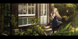 Rule 34 | 1girl, ^ ^, absurdres, animal ears, black pantyhose, blonde hair, blouse, blue dress, blue ribbon, braid, cat, closed eyes, commentary, day, door, dress, fantasy, film grain, from side, hair ribbon, half updo, hand up, highres, holding, holding suitcase, house, lamppost, leaf, letterboxed, long dress, long hair, original, outdoors, pantyhose, plant, ribbon, sagiri (ulpha220), scenery, shirt, short sleeves, solo, suitcase, tail, walking, white shirt, window