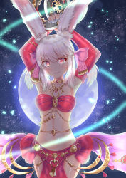 Rule 34 | 1girl, animal ears, arms up, bare shoulders, bow, breasts, chakram, choker, cocoasabure, cowboy shot, dancer (final fantasy), detached sleeves, final fantasy, final fantasy xiv, full moon, hair bow, highres, holding, holding weapon, jewelry, looking at viewer, medium breasts, moon, night, pink hair, rabbit ears, red eyes, short hair, smile, solo, viera, weapon