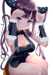Rule 34 | 1girl, akira shiun, bare shoulders, black dress, blue eyes, blunt bangs, blush, breasts, china dress, chinese clothes, cleavage, closed mouth, detached sleeves, dress, fate/grand order, fate (series), hair ornament, hands up, highres, large breasts, long hair, looking at viewer, paw pose, purple hair, sidelocks, simple background, smile, solo, thighs, twintails, very long hair, white background, yang guifei (fate), yang guifei (second ascension) (fate)