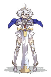 Rule 34 | 1girl, ahoge, alternate costume, arm guards, armor, armored boots, blue cape, blue shirt, boots, breastplate, cape, commentary request, gauntlets, glint, grey eyes, grey hair, gundam, gundam suisei no majo, hair between eyes, hand on hilt, heebee, knee pads, looking at viewer, miniskirt, miorine rembran, planted, planted sword, planted weapon, pleated skirt, puffy short sleeves, puffy sleeves, serious, shadow, shirt, short sleeves, simple background, skirt, solo, standing, straight-on, sword, tiara, twitter username, v-shaped eyebrows, weapon, white background, white skirt, wind, wind lift, winged footwear