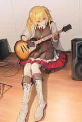 1girl absurdres animal_ears arknights blonde_hair boots brown_gloves brown_vest collared_shirt commentary cross-laced_footwear electric_guitar frilled_skirt frills full_body gloves grey_footwear grey_shirt guitar hair_between_eyes highres holding holding_instrument indoors instrument knee_boots lace-up_boots medium_hair necktie on_floor r_oot red_eyes red_necktie red_skirt shirt sitting skirt solo sora_(arknights) twintails vest