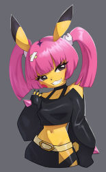 Rule 34 | 1girl, :3, absurdres, animal ears, animal nose, arm at side, azuuart, bare shoulders, belt, black eyes, black nails, black shirt, black skirt, blunt bangs, blush stickers, body fur, breasts, clothing cutout, collarbone, creatures (company), crop top, cropped torso, fang, female focus, furry, furry female, fusion, game freak, gen 1 pokemon, grey background, grin, hair ornament, hair scrunchie, half-closed eyes, hand up, happy, head tilt, highres, long sleeves, looking at viewer, medium hair, midriff, navel, nintendo, ootani ikue, pencil skirt, personification, pikachu, pink hair, pokemon, pokemon (anime), pokemon (creature), pokemon horizons, coral (pokemon), scrunchie, shirt, shoulder cutout, sidelocks, simple background, skirt, sleeves past wrists, small breasts, smile, solo, standing, stomach, teeth, twintails, upper body, voice actor connection, white scrunchie, x hair ornament, yellow fur