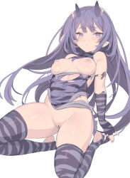 Rule 34 | 1girl, animal print, bar censor, blade (galaxist), blue eyes, blue hair, breasts, censored, closed mouth, fingerless gloves, gloves, highres, horns, kneeling, leotard, long hair, looking at viewer, medium breasts, nipples, oni horns, original, print gloves, print leotard, pussy, setsubun, simple background, solo, thighs, tiger print, torn clothes, torn leotard, white background