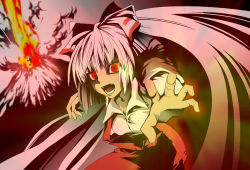 Rule 34 | 1girl, angry, bad id, bad pixiv id, blunt bangs, bow, eruption, explosion, female focus, fire, foreshortening, fujiwara no mokou, hair bow, hair ribbon, hime cut, karu, long hair, open mouth, outstretched arm, outstretched hand, reaching, red eyes, ribbon, shirt, silver hair, smoke, solo, touhou, volcano, white shirt
