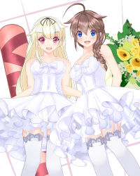 Rule 34 | 2girls, ahoge, alternate costume, arms behind back, bad id, bad twitter id, bare shoulders, black hair, black ribbon, blonde hair, blue eyes, bouquet, braid, commentary request, dress, flower, from below, garter straps, gift, hair flaps, hair ornament, hair over shoulder, hair ribbon, hairclip, highres, kantai collection, lace, lace legwear, long hair, looking at viewer, multiple girls, osashimisan, red eyes, ribbon, shigure (kancolle), single braid, smile, strapless, strapless dress, thighhighs, tube, white dress, white legwear, yuudachi (kancolle)