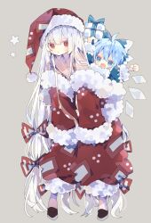 Rule 34 | 2girls, :d, :|, absurdly long hair, adapted costume, ahoge, arms up, baggy pants, blue bow, blue coat, blue eyes, blue hair, bow, carrying, cirno, closed mouth, coat, collared shirt, commentary request, fang, fujiwara no mokou, full body, fur-trimmed coat, fur-trimmed headwear, fur trim, gift, grey shirt, hair bow, hat, highres, holding, holding gift, ice, ice wings, long hair, long sleeves, looking at viewer, medium hair, multiple girls, nikorashi-ka, ofuda, ofuda on clothes, open mouth, pants, piggyback, red eyes, red headwear, red pants, santa hat, shirt, simple background, skin fang, smile, star (symbol), sweatdrop, tan background, touhou, v-shaped eyebrows, very long hair, white hair, wings, winter clothes