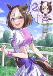 Rule 34 | 1girl, :d, animal ears, blue bow, bow, braid, brown hair, chibi, day, flag, grass, highres, horse ears, horse girl, horse tail, looking at viewer, mixed-language commentary, open mouth, outdoors, pink wristband, purple eyes, qussie, short hair, short sleeves, sidelocks, smile, special week (umamusume), standing, tail, thought bubble, umamusume, white hair, wristband