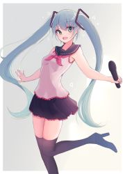 Rule 34 | 1girl, :d, black footwear, black sailor collar, black skirt, blue hair, boots, floating hair, green eyes, grey shirt, hair between eyes, hair ornament, hatsune miku, high heel boots, high heels, highres, holding, holding microphone, hyakunin momoko, leg up, long hair, looking at viewer, microphone, miniskirt, open mouth, outstretched arms, pink neckwear, pleated skirt, sailor collar, shirt, skirt, sleeveless, sleeveless shirt, smile, solo, standing, standing on one leg, thigh boots, thighhighs, twintails, very long hair, vocaloid, zettai ryouiki