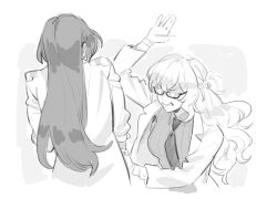 Rule 34 | 2girls, arm grab, arm up, broken eyewear, clenched teeth, coat, collared shirt, dr. mei, glasses, greyscale, highres, honkai (series), honkai impact 3rd, lab coat, long hair, long sleeves, maiqo, mobius (honkai impact), monochrome, multiple girls, necktie, open clothes, open coat, shirt, simple background, teeth, white background