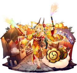 Rule 34 | 1girl, 2013, :d, armpits, blonde hair, blush, bush, checkered clothes, checkered kimono, cloud, commentary, company name, detached sleeves, drum, fang, fireworks, floral print, flower, food, food stand, hair flower, hair intakes, hair ornament, holding, holding fireworks, horns, instrument, japanese clothes, kimono, lantern, leg up, long hair, looking at viewer, mask, mask on head, obi, official art, open mouth, orange kimono, outdoors, outstretched arms, paper lantern, pavement, purple eyes, red flower, remii, sandals, sash, sennen sensou aigis, shaved ice, skin fang, sleeveless, sleeveless kimono, smile, solo, spread arms, standing, standing on one leg, steam, summer festival, taicho128, taiko drum, tassel, trash can, twintails, white background, wide sleeves, zouri