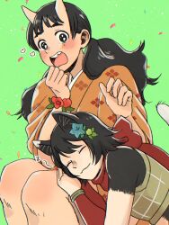 Rule 34 | 0mi dot, 2girls, affectionate, animal ears, armor, black hair, body fur, cat ears, cat girl, cat tail, chipped tooth, confetti, crop top, dungeon meshi, flower, flower bracelet, green background, hair flower, hair ornament, hair over shoulder, hands up, happy, heart, highres, horns, inutade, izutsumi, japanese clothes, kimono, lap pillow, leaning on person, leather armor, long hair, long sleeves, low twintails, mismatched animal ear colors, mole, mole under eye, multiple girls, nuzzle, oni, open mouth, red scarf, scarf, short hair, short kimono, sitting, sleeveless, smile, surprised, tail, twintails