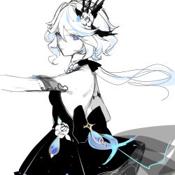 Rule 34 | 1girl, alternate costume, back bow, backless dress, backless outfit, black bow, black dress, blue eyes, blue hair, bow, dress, furina (genshin impact), genshin impact, heterochromia, light blue hair, long hair, mangzhi yaoyao, mismatched pupils, ponytail, sketch, solo