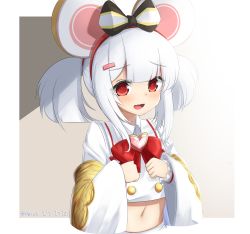 Rule 34 | 1girl, :d, @ @, absurdres, alternate hairstyle, animal ears, blush, border, bow, bowtie, brooch, collared shirt, cropped shirt, dated, granblue fantasy, grey background, hands up, heart, heart-shaped gem, heart brooch, highres, jewelry, klaius, long sleeves, looking at viewer, medium hair, midriff, mouse ears, navel, open mouth, red bow, red bowtie, red eyes, shirt, smile, solo, stomach, twintails, twintails day, twitter username, upper body, vikala (granblue fantasy), white border, white hair, white shirt, wide sleeves, wing collar