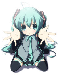 Rule 34 | 1girl, ahoge, aqua eyes, aqua hair, carry me, detached sleeves, hatsune miku, highres, long hair, necktie, outstretched arms, reaching, simple background, sitting, skirt, solo, thighhighs, very long hair, vocaloid, wariza, white background, yuzuki kei