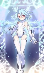 Rule 34 | 1girl, absurdres, ahoge, bare shoulders, blue hair, blush, breasts, elbow gloves, gloves, hair between eyes, highres, leotard, light blue hair, looking at viewer, neptune (series), power symbol, power symbol-shaped pupils, red eyes, shimeji wyvern, short hair with long locks, small breasts, solo, symbol-shaped pupils, thighhighs, white gloves, white heart (neptunia), white leotard