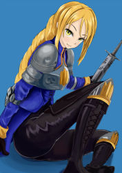 Rule 34 | 1girl, 2007k021, agrias oaks, armor, ass, blonde hair, blue background, braid, braided ponytail, breastplate, corset, elbow pads, final fantasy, final fantasy tactics, gloves, knee pads, knight, leather, long hair, looking at viewer, pauldrons, sheath, sheathed, shoulder armor, shoulder pads, sidelocks, simple background, single braid, sitting, smile, solo, sword, weapon