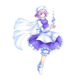 Rule 34 | 1girl, apron, blue eyes, closed mouth, full body, game cg, highres, juliet sleeves, lapel pin, letty whiterock, light purple hair, long sleeves, looking at viewer, puffy sleeves, rotte (1109), scarf, simple background, smile, snowflakes, socks, solo, third-party source, touhou, white apron, white background, white scarf, white socks