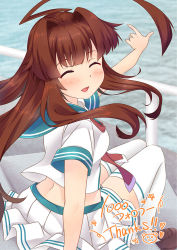 Rule 34 | 10s, 1girl, ^ ^, ahoge, blush, brown eyes, brown footwear, brown hair, closed eyes, colored skin, jewelry, kantai collection, ko yu, kuma (kancolle), long hair, neckerchief, open mouth, pleated skirt, red neckerchief, ring, sailor collar, school uniform, serafuku, shoes, short sleeves, sitting, skirt, smile, solo, thighhighs, wedding band, white skin, white thighhighs