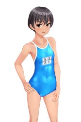 Rule 34 | 1girl, absurdres, aqua one-piece swimsuit, black hair, blue sky, brown eyes, commentary request, competition school swimsuit, covered navel, feet out of frame, hand on own hip, highres, name tag, one-piece swimsuit, original, school swimsuit, short hair, simple background, sky, solo, standing, swimsuit, takafumi, tan, tomboy, variant set, white background