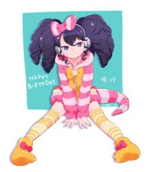 Rule 34 | 1girl, between legs, black hair, bow, closed mouth, commentary request, dragon tail, full body, gaaruru (pripara), grey eyes, hair bow, headphones, hood, hood down, hoodie, long hair, long sleeves, looking at viewer, machico maki, paw shoes, pink bow, pink hoodie, pretty series, pripara, sidelocks, sitting, smile, solo, striped clothes, striped hoodie, tail, thighhighs, twintails, yellow footwear, yellow thighhighs