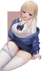 Rule 34 | 1girl, :d, blonde hair, blue jacket, blue nails, breasts, brown background, button gap, commentary request, fingernails, goddess of victory: nikke, gyaru, hair ornament, hairclip, highres, jacket, jewelry, kogal, large breasts, long hair, long sleeves, looking at viewer, multiple rings, nail polish, open mouth, pepeo, red eyes, ring, shirt, simple background, sitting, smile, solo, teeth, thighhighs, thighs, tia (nikke), two-tone background, upper teeth only, white background, white shirt, white thighhighs