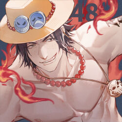 Rule 34 | 1boy, arm tattoo, black hair, blonde hair, dated commentary, fire, freckles, hat, jewelry, looking to the side, male focus, necklace, numbered, one piece, orange hat, pearl necklace, portgas d. ace, short hair, smile, solo, tattoo, topless male, upper body, yoshicha