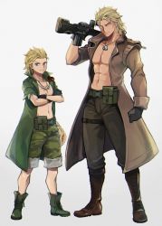 Rule 34 | 2boys, belt, black gloves, blonde hair, blue eyes, boots, bullpup, camouflage, camouflage pants, child, coat, dog tags, dual persona, earrings, eli (metal gear), film grain, gloves, gun, highres, holding, holding gun, holding weapon, jacket, jewelry, liquid snake, male focus, mayuzumi, metal gear (series), metal gear solid, metal gear solid v: the phantom pain, multiple boys, necklace, pants, pectorals, seashell, shell, simple background, smile, topless male, weapon, white background