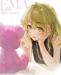 Rule 34 | 1girl, black shirt, blonde hair, character name, dated, happy birthday, head rest, jewelry, long hair, miyuki nknk, necklace, open mouth, pearl necklace, sano emma, shirt, simple background, sleeveless, smile, solo, stuffed animal, stuffed toy, teddy bear, tokyo revengers, upper body, white background