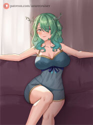 Rule 34 | 1girl, absurdres, antlers, azurecruiser, bare arms, bare legs, braid, braided bangs, branch, breasts, ceres fauna, cleavage, collarbone, couch, curtains, dress, green hair, hair over one eye, highres, hololive, hololive english, horns, knee up, large breasts, lips, looking at viewer, nightgown, on couch, outstretched arms, patreon username, ribbon, see-through, see-through dress, sitting, smile, spread arms, virtual youtuber, window, yellow eyes