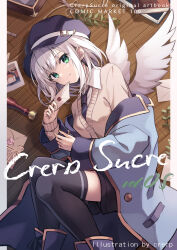 Rule 34 | 1girl, absurdres, black thighhighs, blue footwear, blue hat, blue jacket, blue necktie, book, book stack, boots, breasts, brown jacket, cabbie hat, closed mouth, collared shirt, comiket 101, commentary request, cover, cover page, cross-laced footwear, envelope, feathered wings, green eyes, hat, highres, holding, holding envelope, jacket, kure~pu, lace-up boots, long sleeves, looking at viewer, lying, necktie, off shoulder, on side, open clothes, open jacket, original, shirt, sleeves past wrists, small breasts, smile, solo, thighhighs, thighhighs under boots, white hair, white shirt, white wings, wings, wooden floor