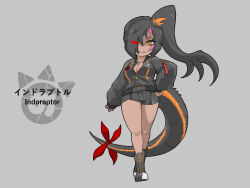 Rule 34 | 1girl, absurdres, arm at side, bare legs, black footwear, black hair, black jacket, black shorts, boots, breasts, character name, chibi, cleavage, cross-laced footwear, dinosaur tail, evil grin, evil smile, eyes visible through hair, fangs, full body, glowing, glowing eye, grey background, grin, hair over one eye, hand on own hip, high ponytail, highres, indoraptor, jacket, japari symbol, jewelry, jurassic park, jurassic world, kemono friends, lace-up boots, long bangs, long hair, long sleeves, looking at viewer, medium breasts, multicolored eyes, multicolored hair, orange hair, original, partially unzipped, pendant, personification, pink hair, puffy long sleeves, puffy sleeves, red eyes, short shorts, shorts, side ponytail, simple background, slit pupils, smile, solo, tail, tail ornament, tan, tsukushi (741789), very long hair, walking, yellow eyes, zipper, zipper pull tab
