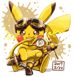 Rule 34 | bad id, bad pixiv id, closed mouth, commentary, creatures (company), dated, electricity, game freak, gen 1 pokemon, goggles, goggles on head, harutarou (orion 3boshi), holding, holding weapon, nintendo, no humans, paint splatter, pikachu, pokemon, pokemon (creature), sitting, smile, solo, splash-o-matic (splatoon), splatoon (series), v-shaped eyebrows, weapon