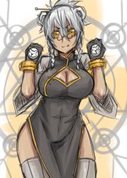 Rule 34 | 1girl, animal ears, bear ears, braid, breasts, character request, china dress, chinese clothes, cleavage, cleavage cutout, clenched hands, clothing cutout, covered navel, dark skin, dress, exaxuxer, glasses, gloves, grey thighhighs, hair ornament, hair stick, large breasts, original, pince-nez, short hair, side slit, silver hair, sketch, thighhighs, twin braids, yellow eyes