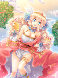 Rule 34 | 1girl, apple, blonde hair, blue eyes, breasts, cleavage, cup, day, dress, food, fruit, hair ornament, hikabe sakuho, jewelry, large breasts, long hair, original, shingoku no valhalla gate, sky, smile, solo