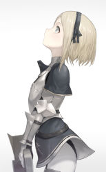 Rule 34 | 1girl, armor, armored dress, blonde hair, blue eyes, breastplate, hairband, holding, holding weapon, km yama, knight, looking up, open mouth, original, short hair, simple background, solo, standing, upper body, weapon, white background