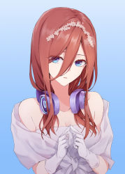 Rule 34 | 1girl, bare shoulders, blue background, blue eyes, breasts, brown hair, cleavage, collarbone, dress, facing viewer, fingers together, gloves, go-toubun no hanayome, gradient background, hair between eyes, hair ornament, headphones, headphones around neck, highres, light blue background, long hair, looking away, nakano miku, parted lips, red hair, shy, simple background, solo, straight hair, strapless, strapless dress, suprii, upper body, wedding dress, white gloves