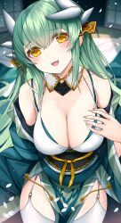 Rule 34 | 1girl, :d, bare shoulders, bikini, blush, breasts, cleavage, commentary request, dragon girl, dragon horns, fate/grand order, fate (series), green hair, hair ornament, highres, horns, kiyohime (fate), large breasts, long hair, long sleeves, looking at viewer, morizono shiki, off shoulder, open mouth, smile, solo, swimsuit, thighhighs, white bikini, white thighhighs, wide sleeves, yellow eyes