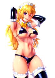 Rule 34 | 1girl, arms behind head, artist name, bikini, blonde hair, bow, bowtie, breasts, commentary, detached collar, detached sleeves, english commentary, grin, hair between eyes, highres, large breasts, long hair, looking at viewer, maid, maid bikini, maid headdress, navel, one eye closed, parted lips, phloxberry, purple eyes, rwby, simple background, smile, solo, swimsuit, teeth, thighhighs, unconventional maid, watermark, white background, yang xiao long