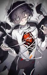 Rule 34 | 1boy, absurdres, bandaged neck, bandages, black coat, black hair, black pants, blood, blood on clothes, bungou stray dogs, closed eyes, coat, collared shirt, cowboy shot, dazai osamu (bungou stray dogs), hands up, heart (organ), highres, long sleeves, male focus, off shoulder, open clothes, open shirt, pants, rinu, shirt, short hair, smile, solo, standing, white background, white shirt