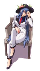 Rule 34 | 1girl, :3, absurdres, alternate costume, armchair, artist name, black headwear, blue hair, blue shirt, chair, commentary, commission, crossed legs, english commentary, food, formal, fruit, hand on own forehead, high heels, highres, hinanawi tenshi, holding, holding food, holding fruit, leaf hat ornament, lips, long hair, looking at viewer, necktie, peach, peach hat ornament, red eyes, red necktie, sexually suggestive, shadow, shirt, simple background, sitting, solo, suit, touhou, ultragruntyy, variant set, very long hair, white background, white suit