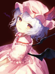 Rule 34 | 1girl, bat (animal), bat wings, blue hair, blush, commentary request, dress, frills, from side, hat, highres, kisamu (ksmz), looking at viewer, mob cap, open mouth, pink dress, pink hat, pink shirt, red eyes, red ribbon, remilia scarlet, ribbon, shirt, short hair, short sleeves, slit pupils, solo, touhou, wings